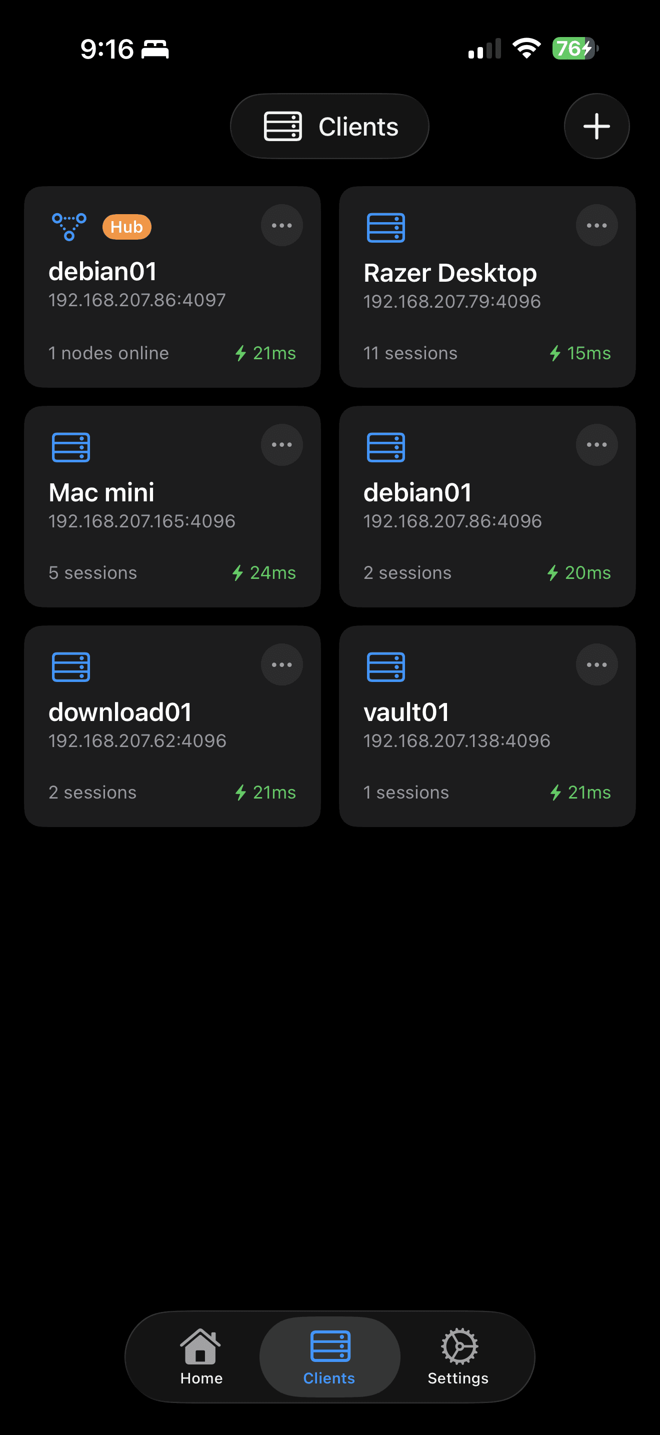 muxd mobile app showing connected clients and hub
